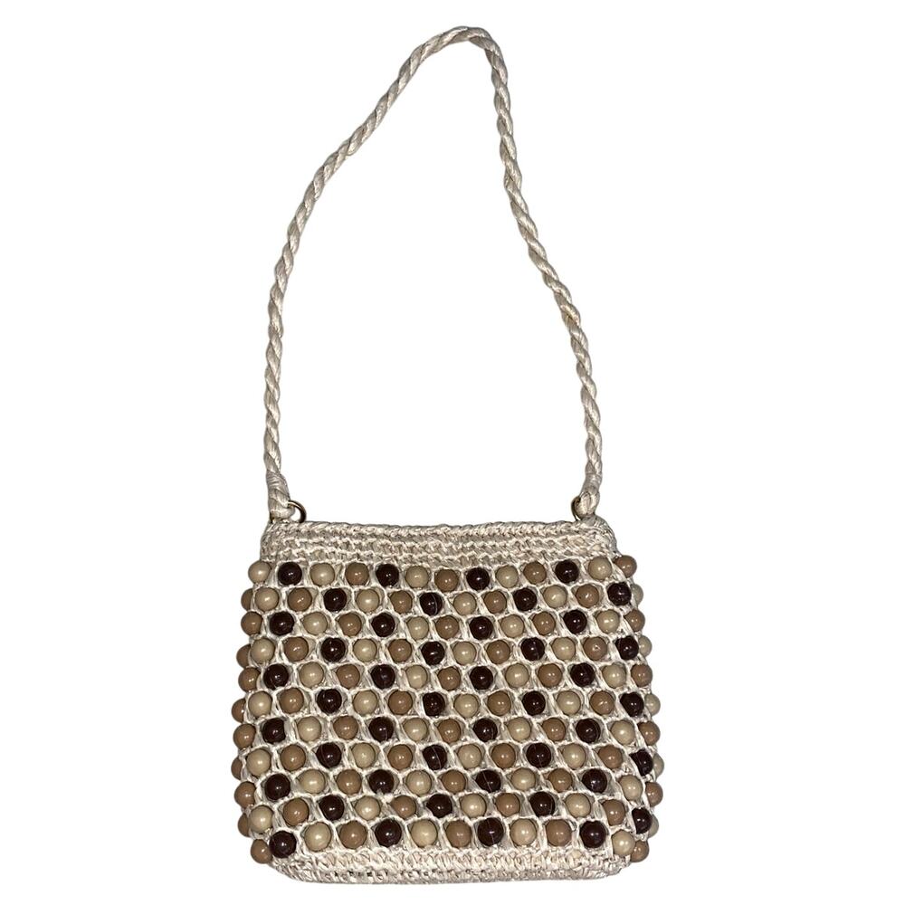 Vintage Macrame Woven Beaded Shoulder Bag Medium Festival